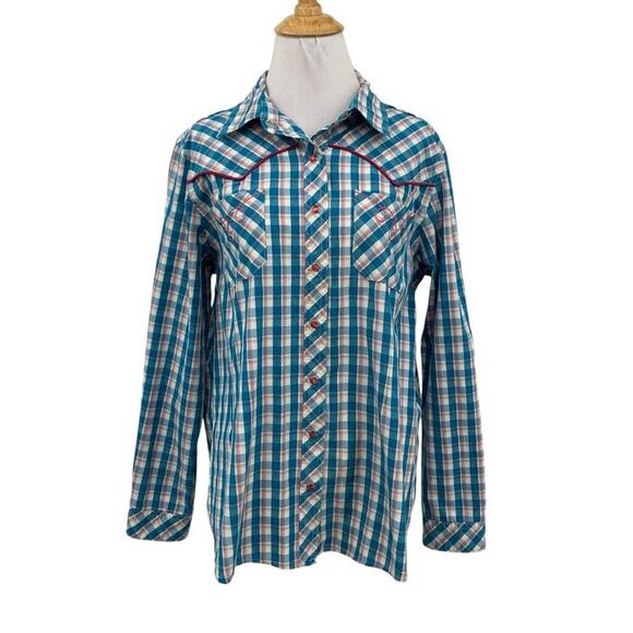 Bit & Bridle Shirt Womens L Large Check Pearl Snaps Buttons Long Sleeve Western - Picture 1 of 12